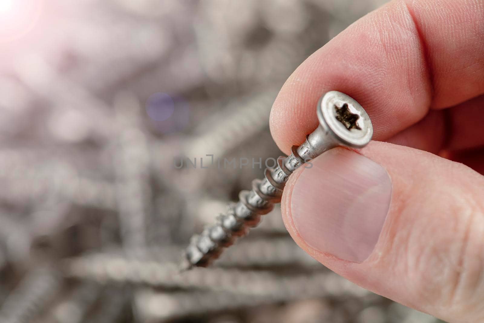 A man holds a screw, close-up. Screws for the production of wooden furniture. Repair and repair tools. Stainless steel bolts with torx head