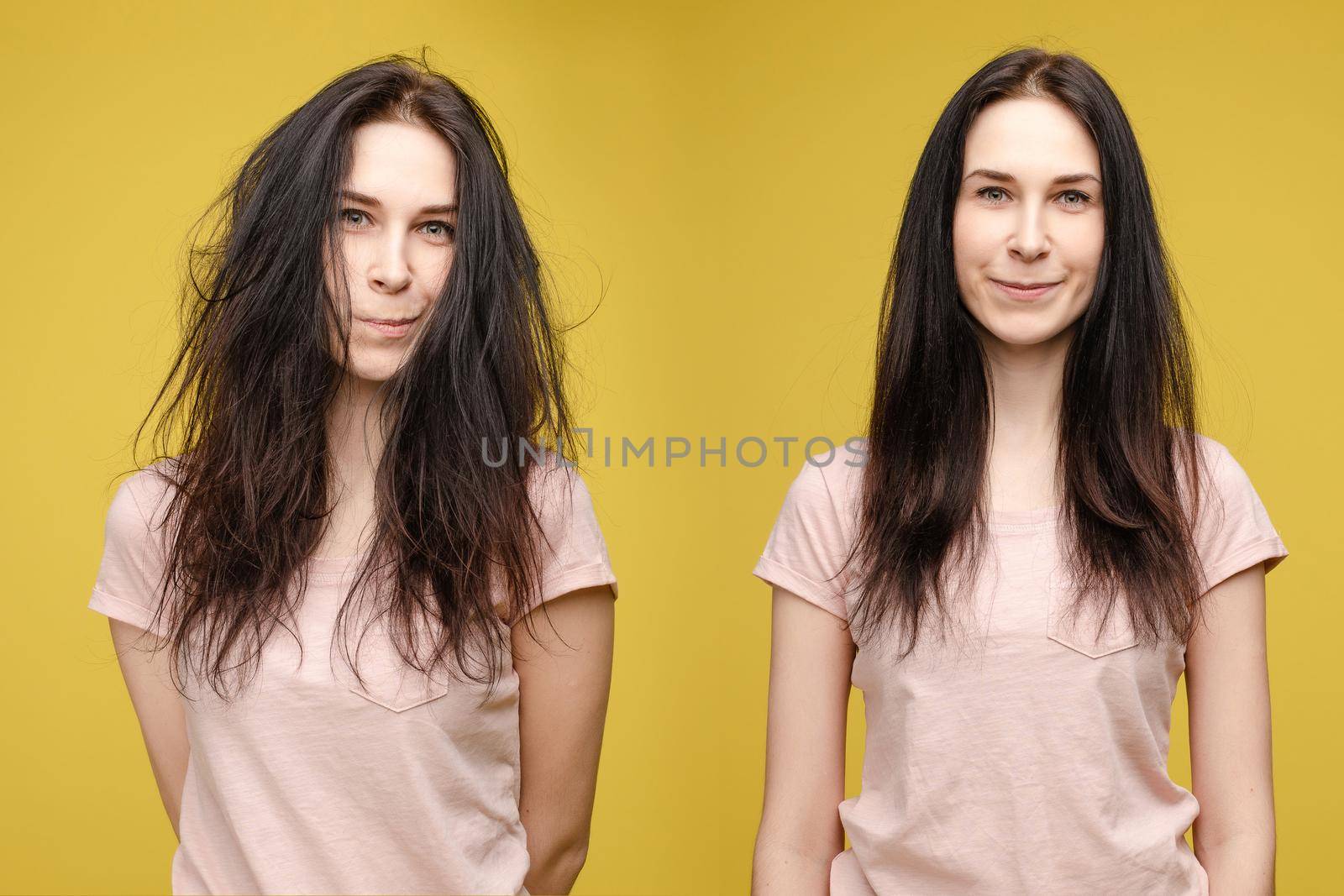 portraits of blonde haired woman in black, with glossy and messy unbrushed hair in after and before shampoon. Collage of two photo with happy and sadly girl after beauty salon.