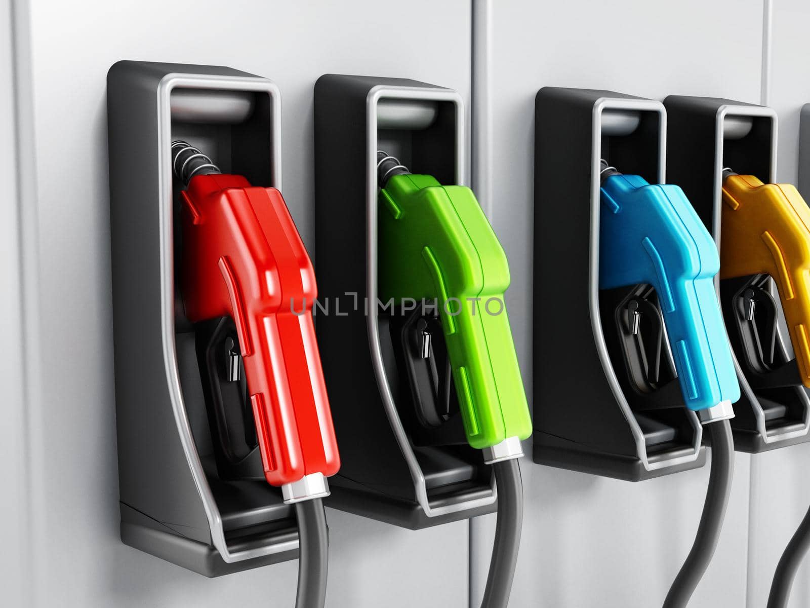 Multi-colored fuel pumps at petrol station