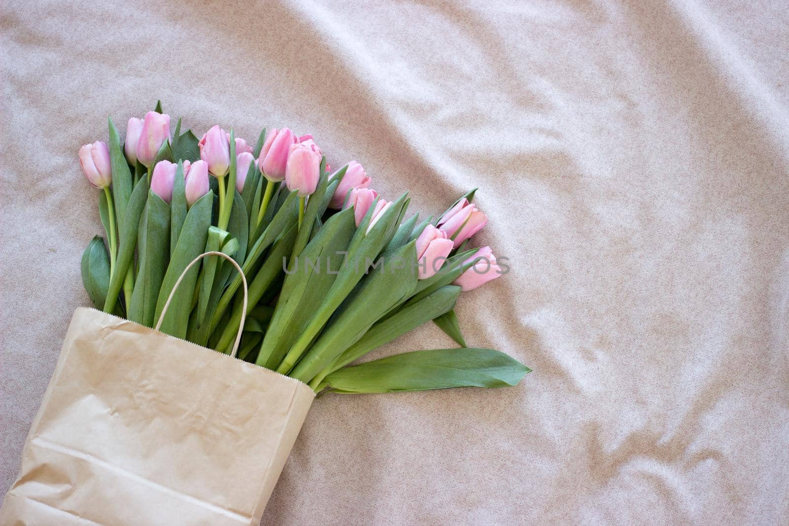 Fresh pink tulip flowers in paper bag on light background. Top view with copy space.