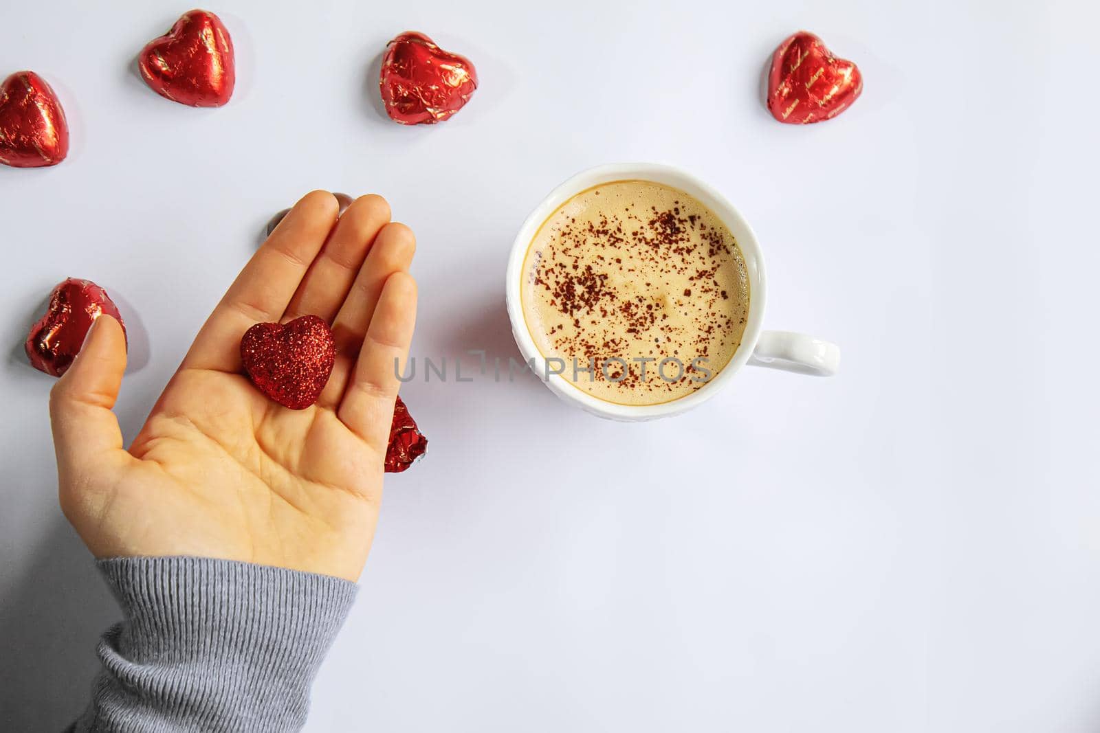 Cup drink for Breakfast in the hands of lovers. Selective focus. by mila1784