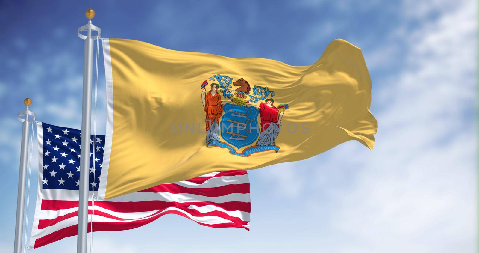 The New Jersey state flag waving along with the national flag of the United States of America by rarrarorro