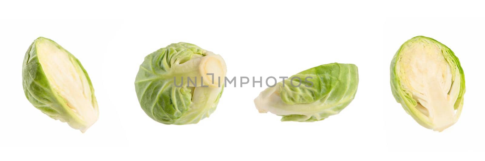 Brussels sprouts. Set of fresh brussels sprouts in stacks on white isolated background. Deep focus stacking