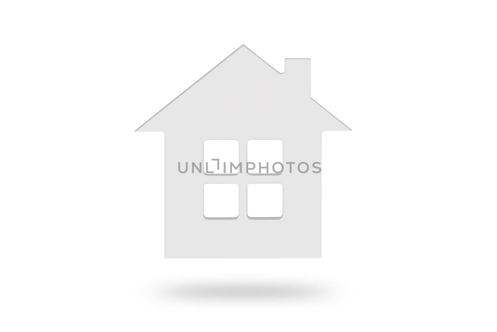 House model isolated on white background. A white isolated house with a window casts a shadow on a white background. To insert into a project or template by SERSOL