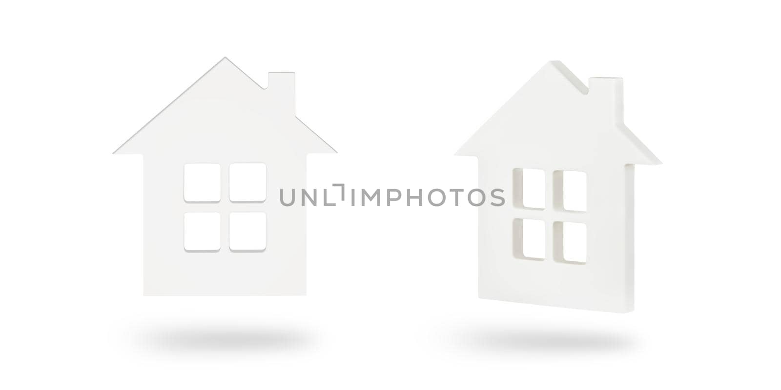 House model set isolated on white background. A white isolated house with a window casts a shadow on a white background. To insert into a project or template.