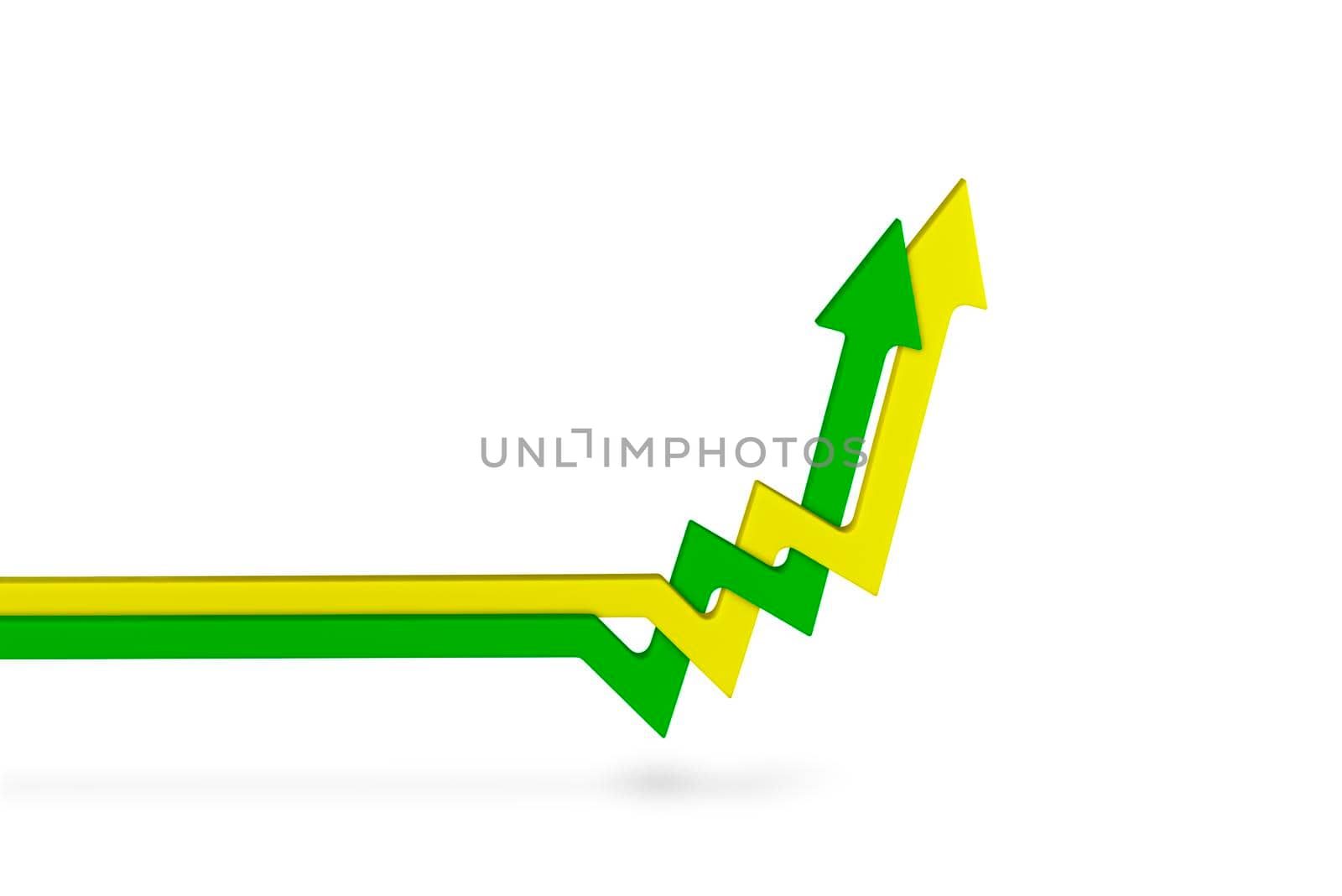 Inflation, rising inflation. Rising prices. Yellow and green arrows intertwined on the chart pointing up, white background. Growth concept.