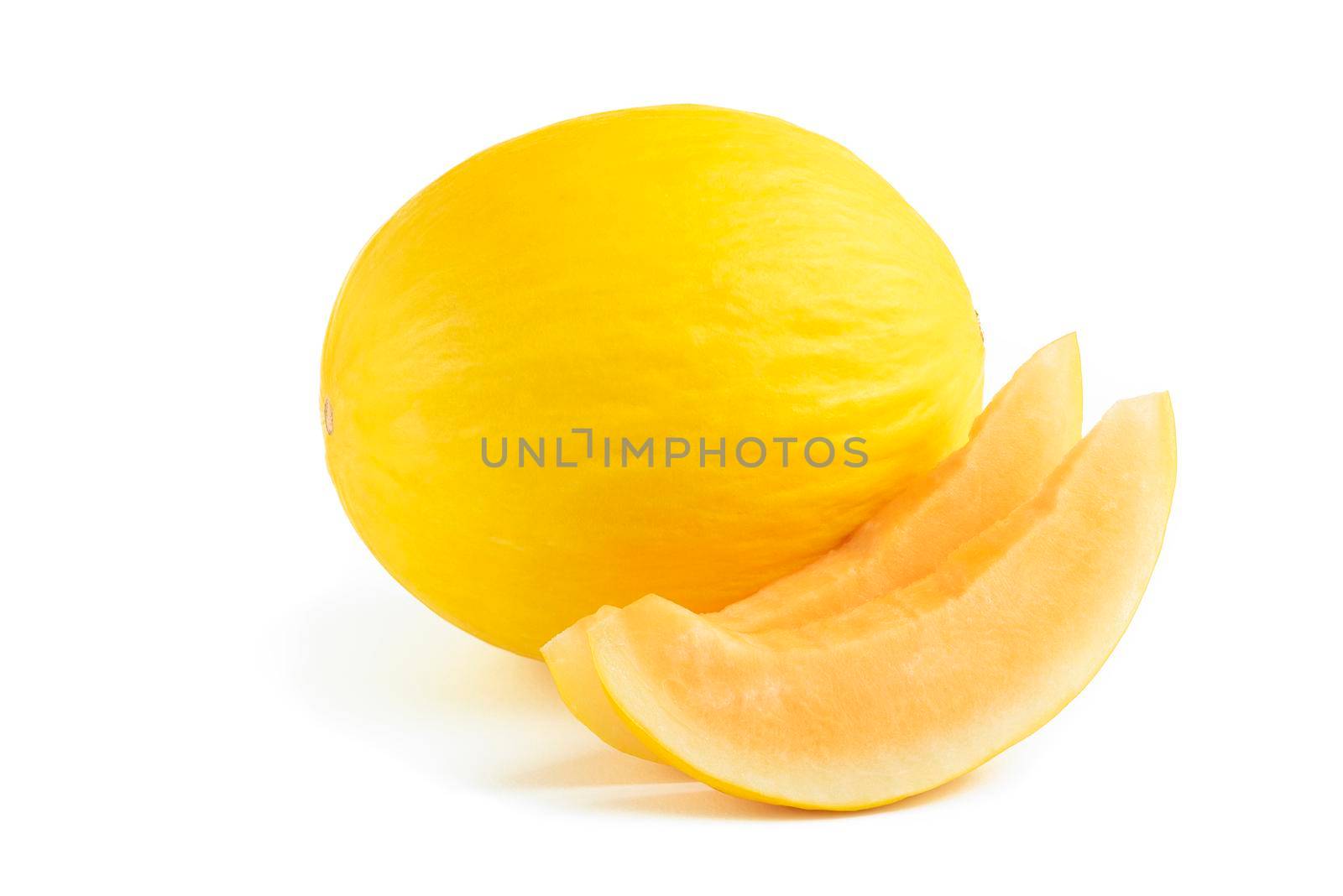 Melon on a white background. Yellow melon on a white isolate. Fresh juicy piece of melon with shadow on a white background. For insertion into a project, design or advertisement.