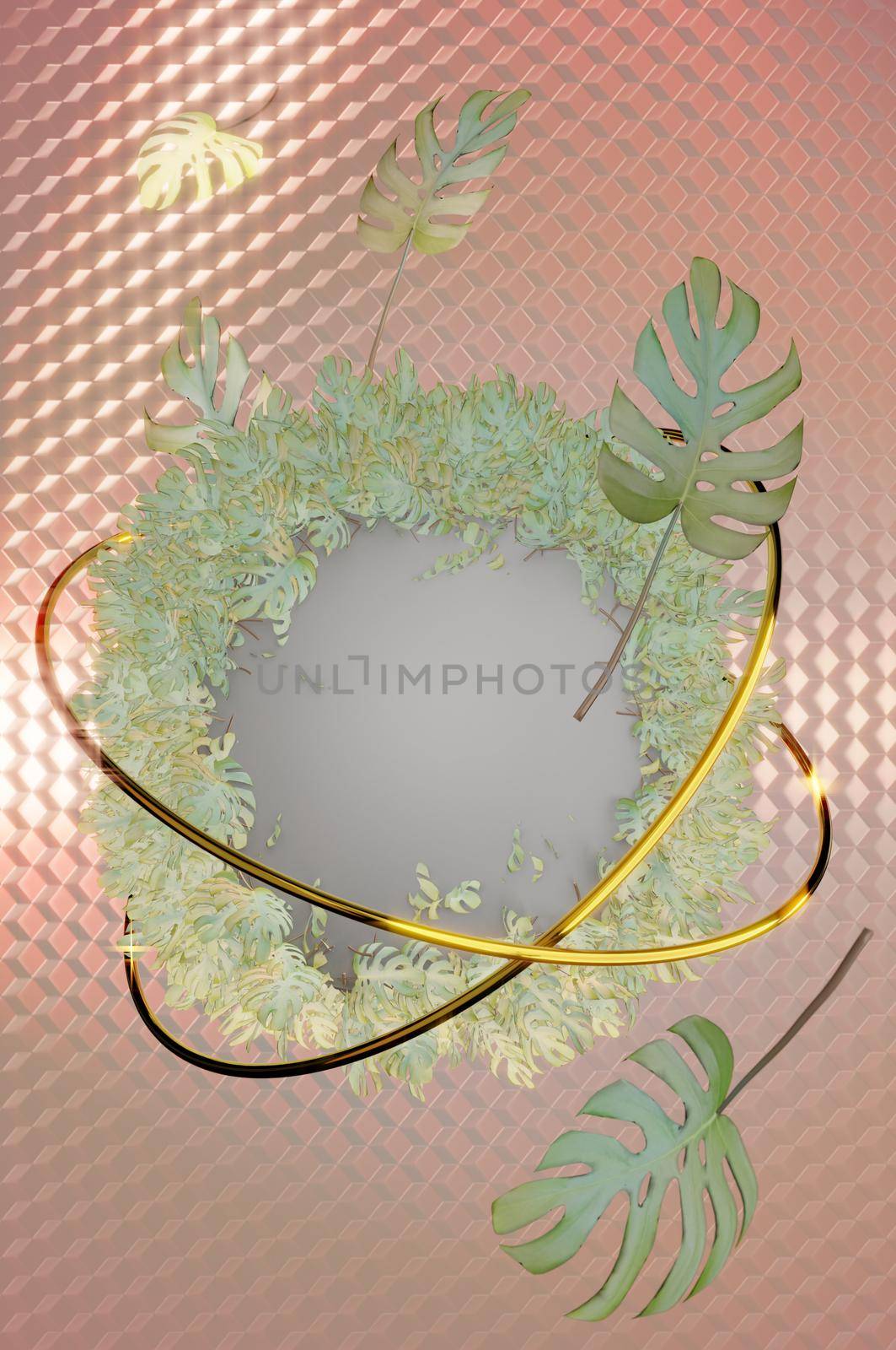 3d illustration. Trendy Summer Tropical Leaves with geomatics background . pastel color backround