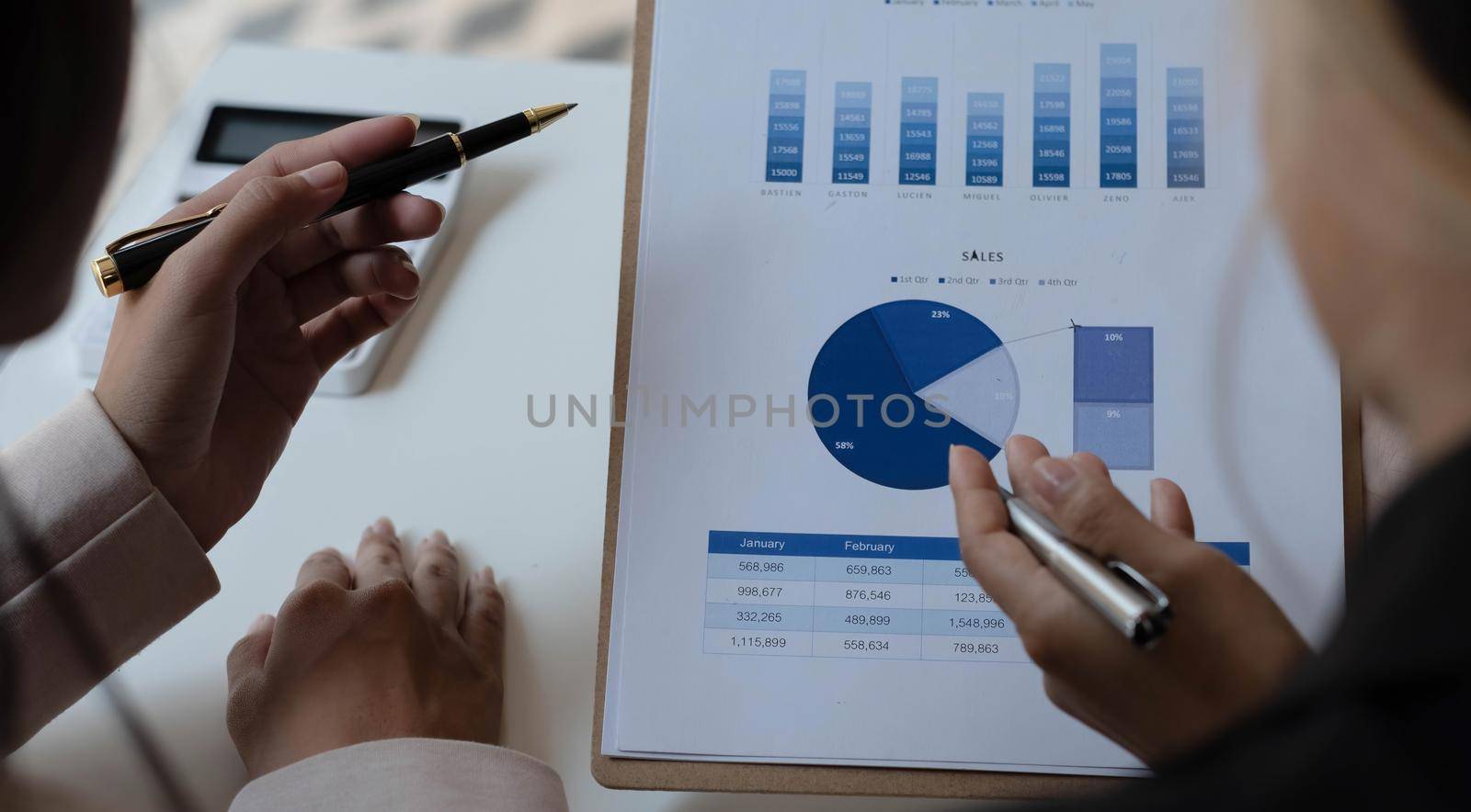 Close up business people meeting together Pointing to the graph assess business profits..