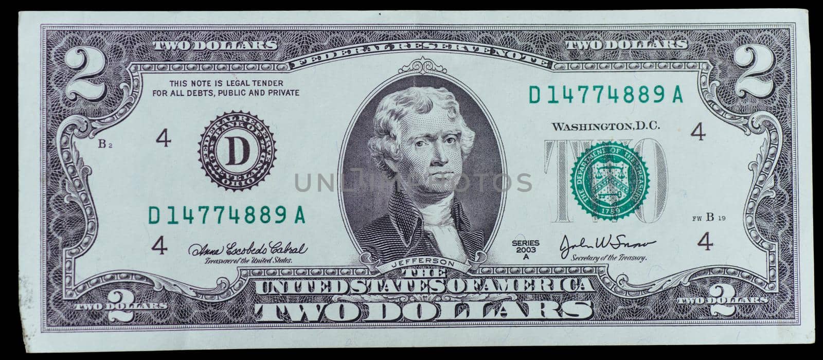 US two dollar bills macro. American Dollars. 2 dollar