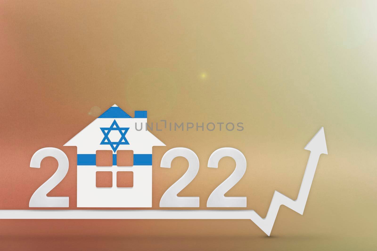 The cost of real estate in Israel in 2022. Rising cost of construction, insurance, rent in Israel. 3d House model painted in flag colors, up arrow on yellow background by SERSOL