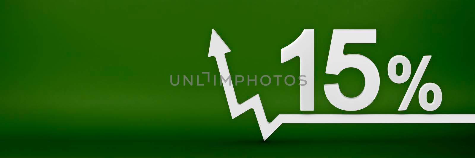 15 percent. The arrow on the graph points up. Rising prices, inflation, increase in income, increase in interest rates, taxes. 3d banner, fifteen percent sign discount on a green background. by SERSOL