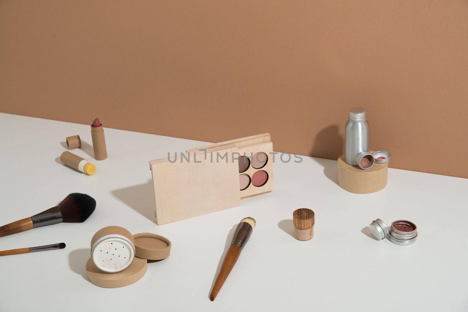 zero waste make up set in minimalistic style on pastel background. High quality photo