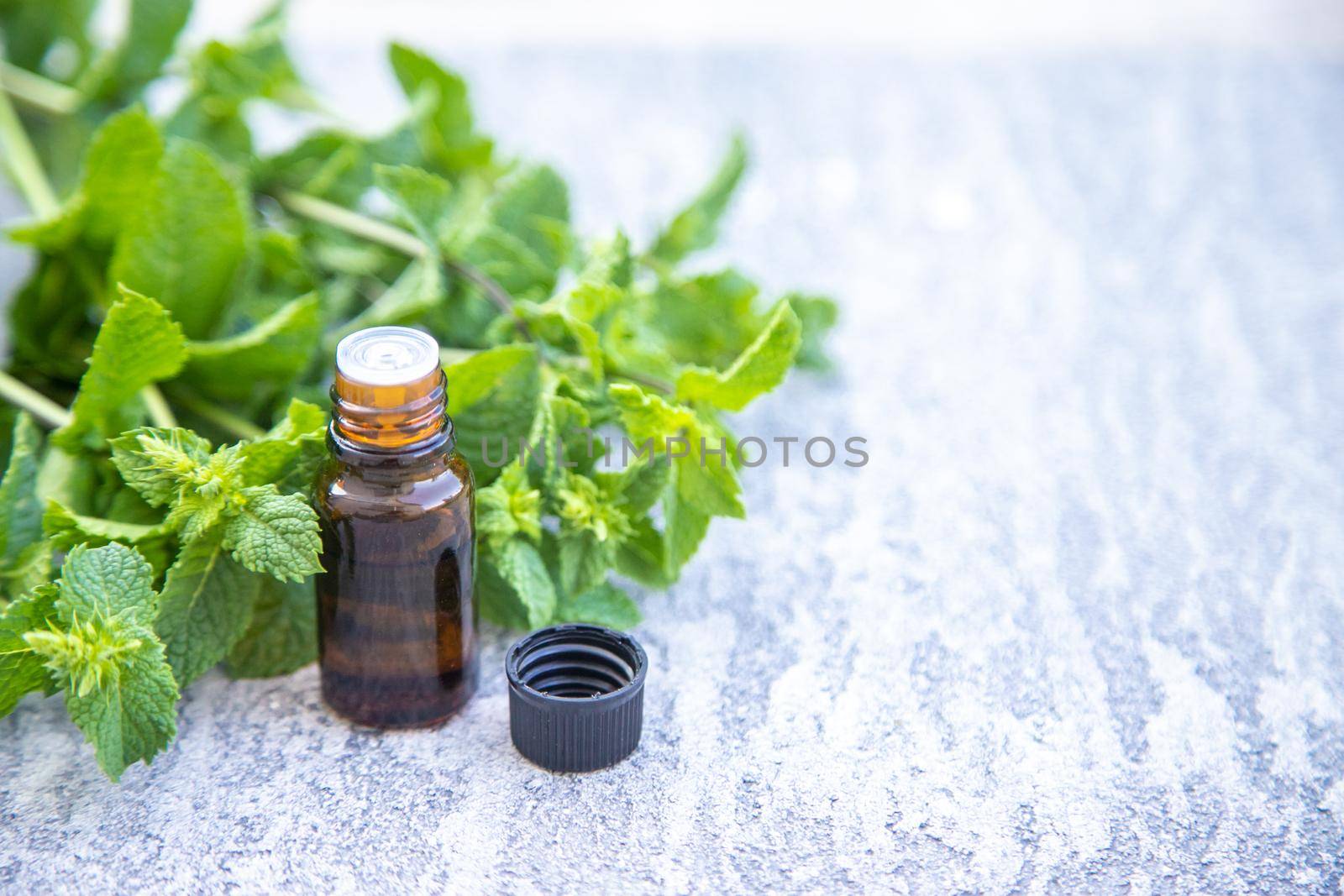 Peppermint essential oil in a small bottle. Selective focus. by mila1784