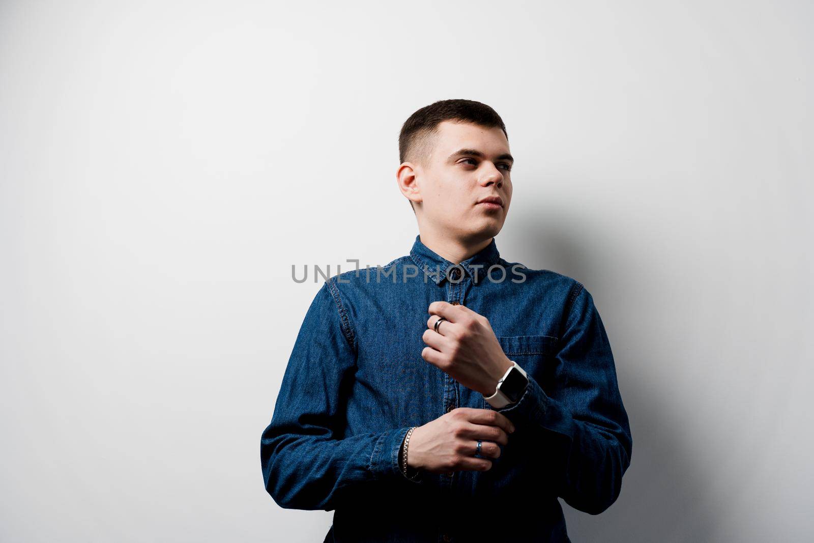 Confident business man on white background. Working on-line at home.