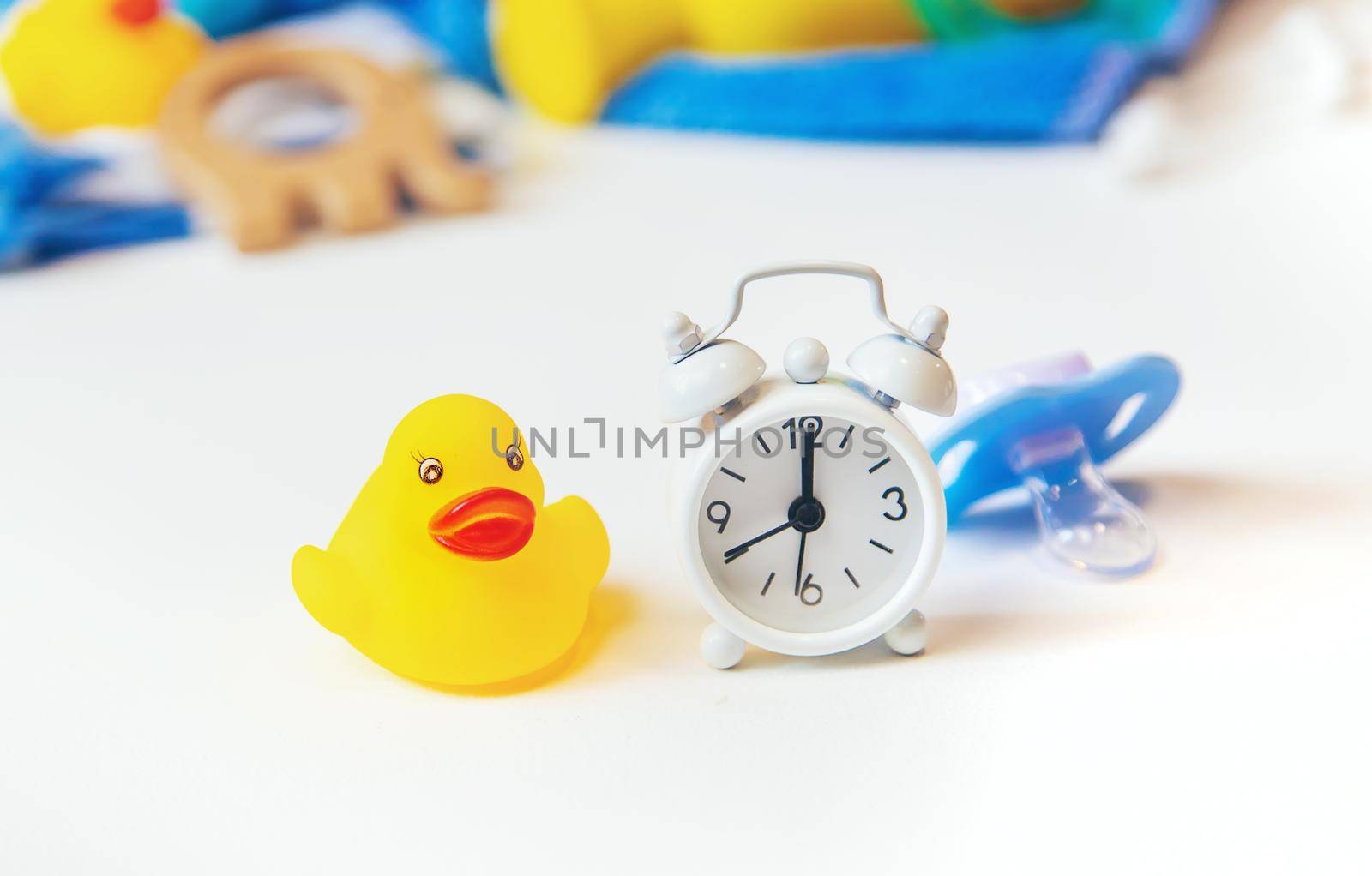 Baby bathing accessories on a white background. Selective focus.