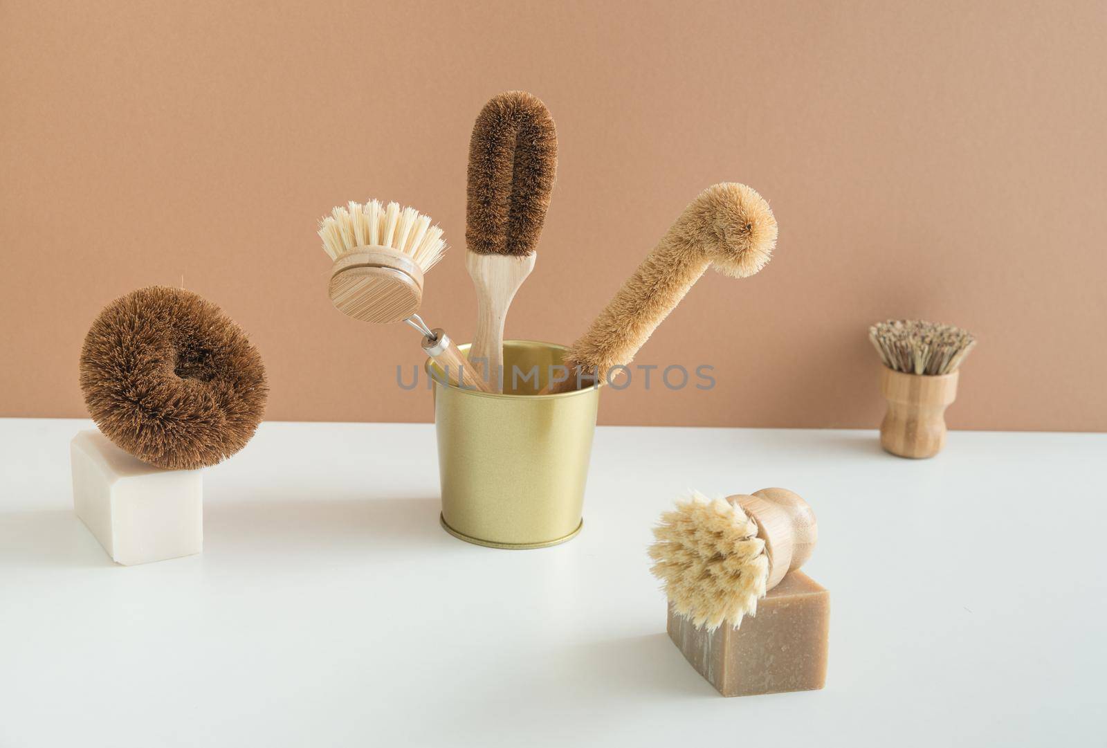 set of zero waste bamboo brushes for dishwashing in minimalistic style. High quality photo