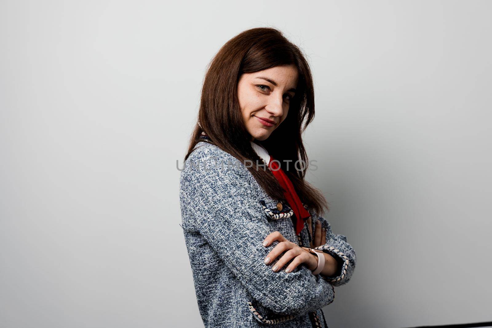 Business woman weared casual clothes. Teacher on white background. Foreign school private study with a school girl.