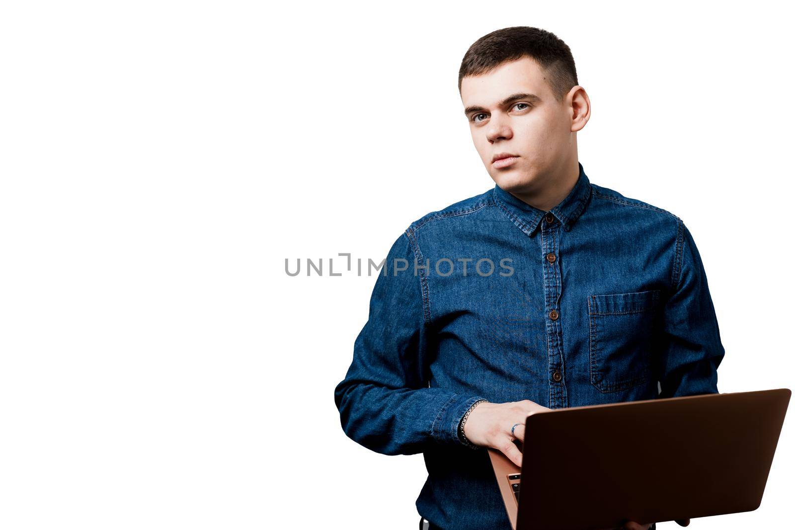 Business man working at crypto currency agency online at home and earn a lot of money. Handsome man with laptop on the white background. Earning money