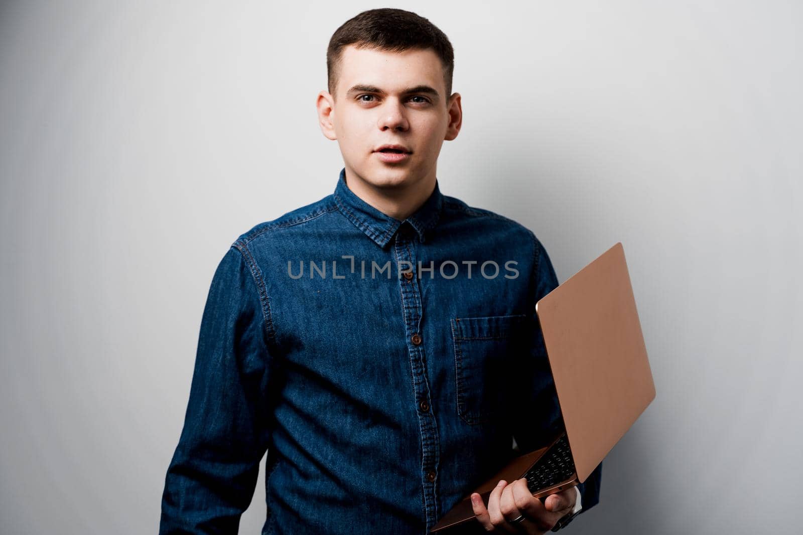 SMM specialist with laptop on white background. Advert for business in social media by Rabizo