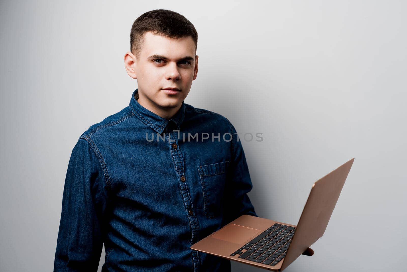 SMM specialist with laptop on white background. Advert for business in social media by Rabizo