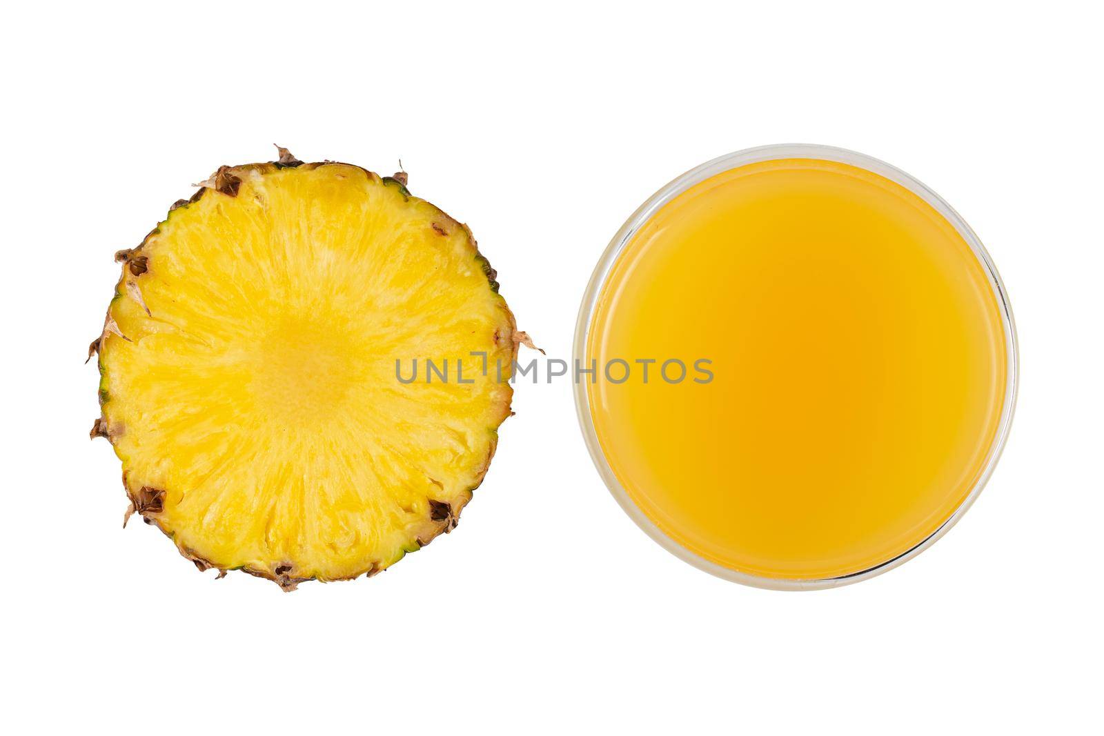 Pineapple pattern mix of tropical citrus fruit and juice in glass on white background.