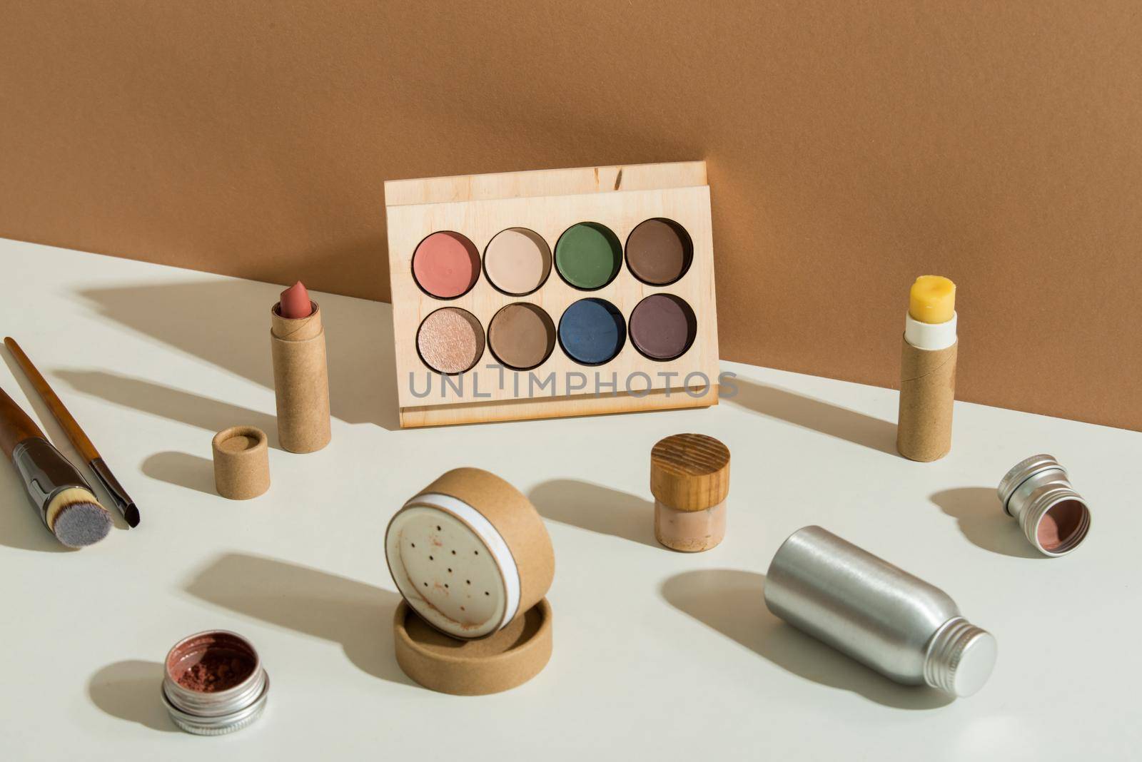 zero waste make up set in minimalistic style on pastel background. High quality photo