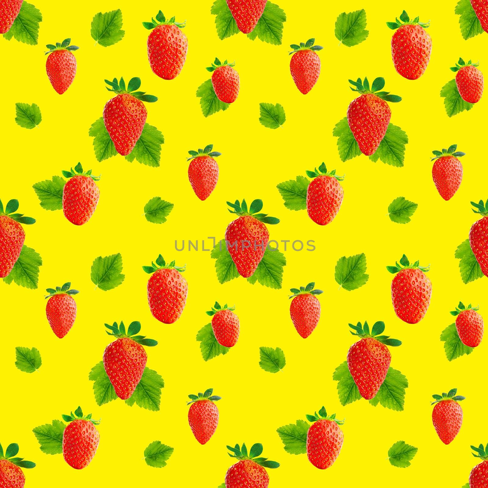 Strawberry seamless pattern. Ripe strawberries isolated on yellow. package design background. by PhotoTime
