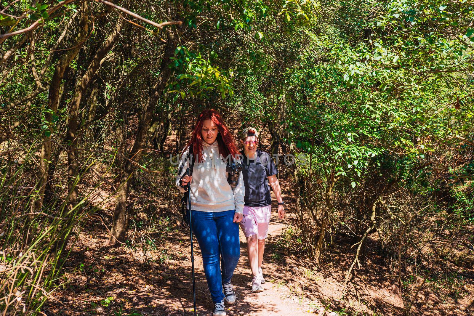 two young friends hiking in nature enjoy the walk and fresh air. women on holiday. tourists hiking in nature. by CatPhotography