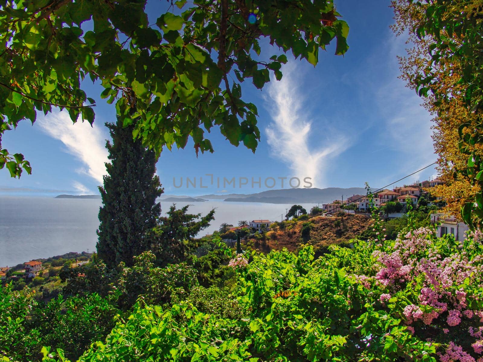 Panoramic beautiful view of Glossa on the mountain, in Skopelos island, Greece