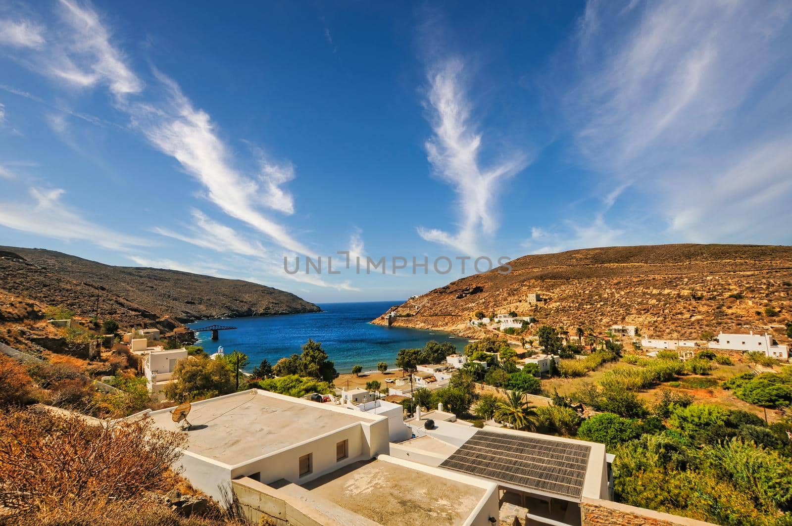 Panoramic view of the beautiful village of Megalo Livadi with a great beach