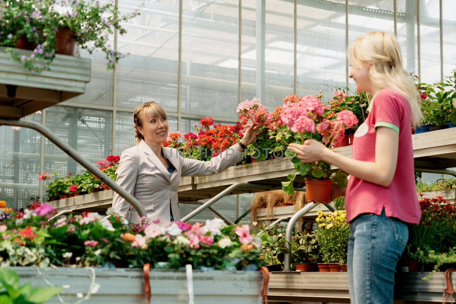Gardener and his manager work in modern nursery plant store with a clipboard in a greenhouse