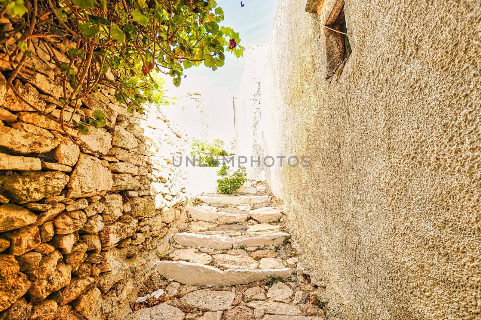 Traditional stone wall in Kastro or Castro in Sikinos island, Cyclades, Greece