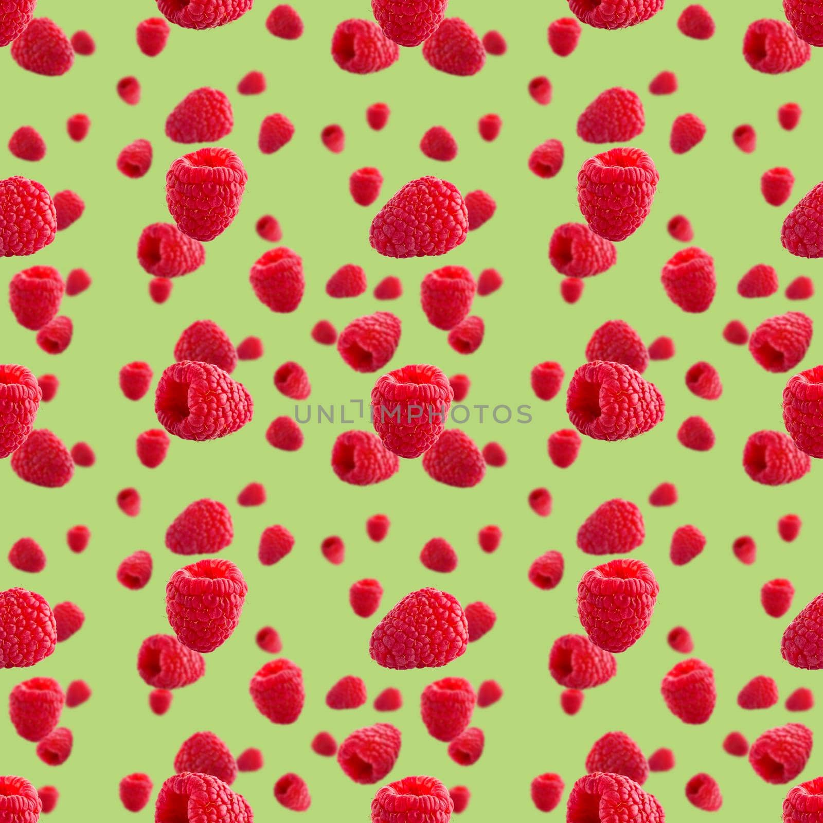 Seamless pattern with ripe raspberry. Berries abstract background. Raspberry pattern for package design with green background.