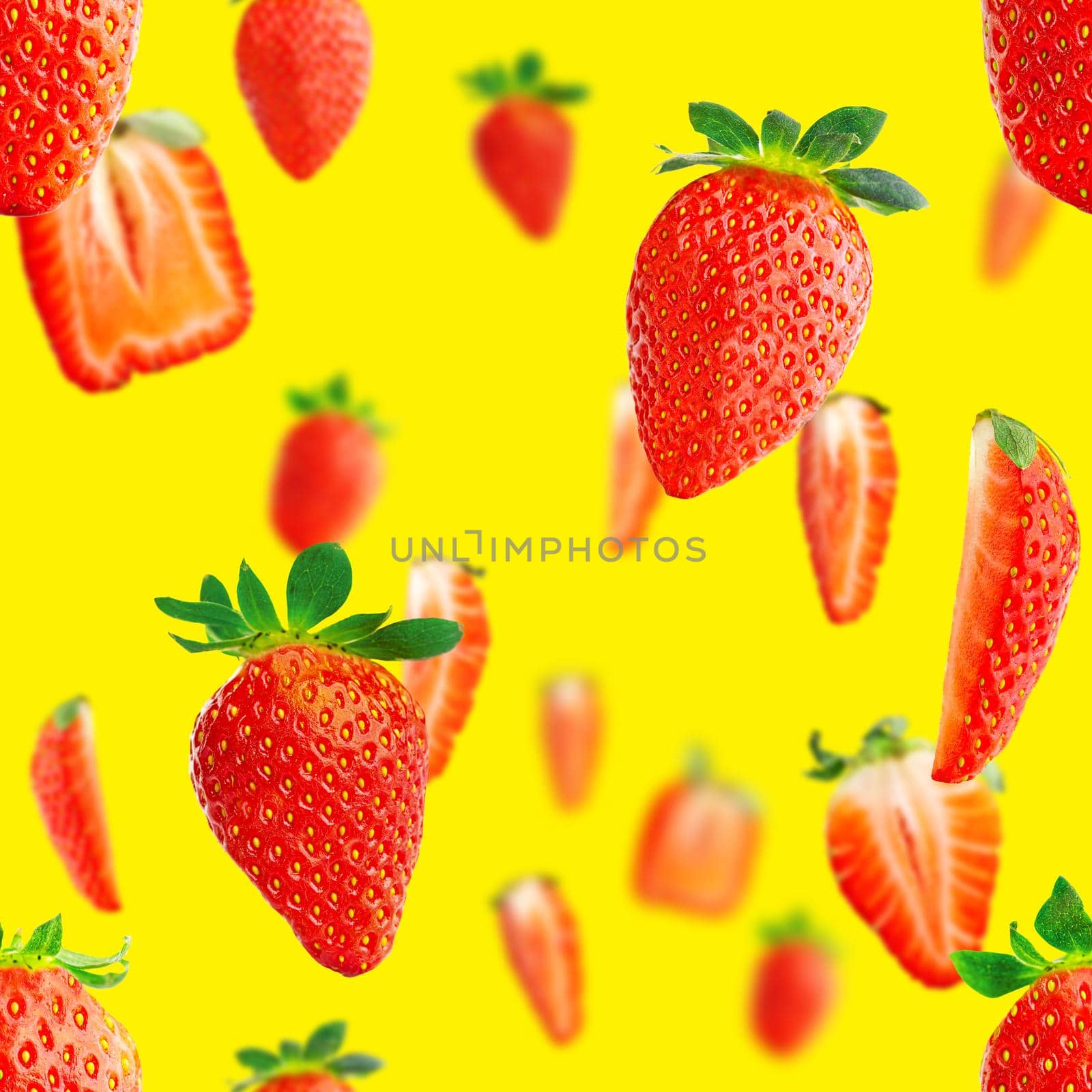 Fresh strawberry seamless pattern. Ripe strawberries isolated on yellow. Package design background. Falling strawberry selective focus.