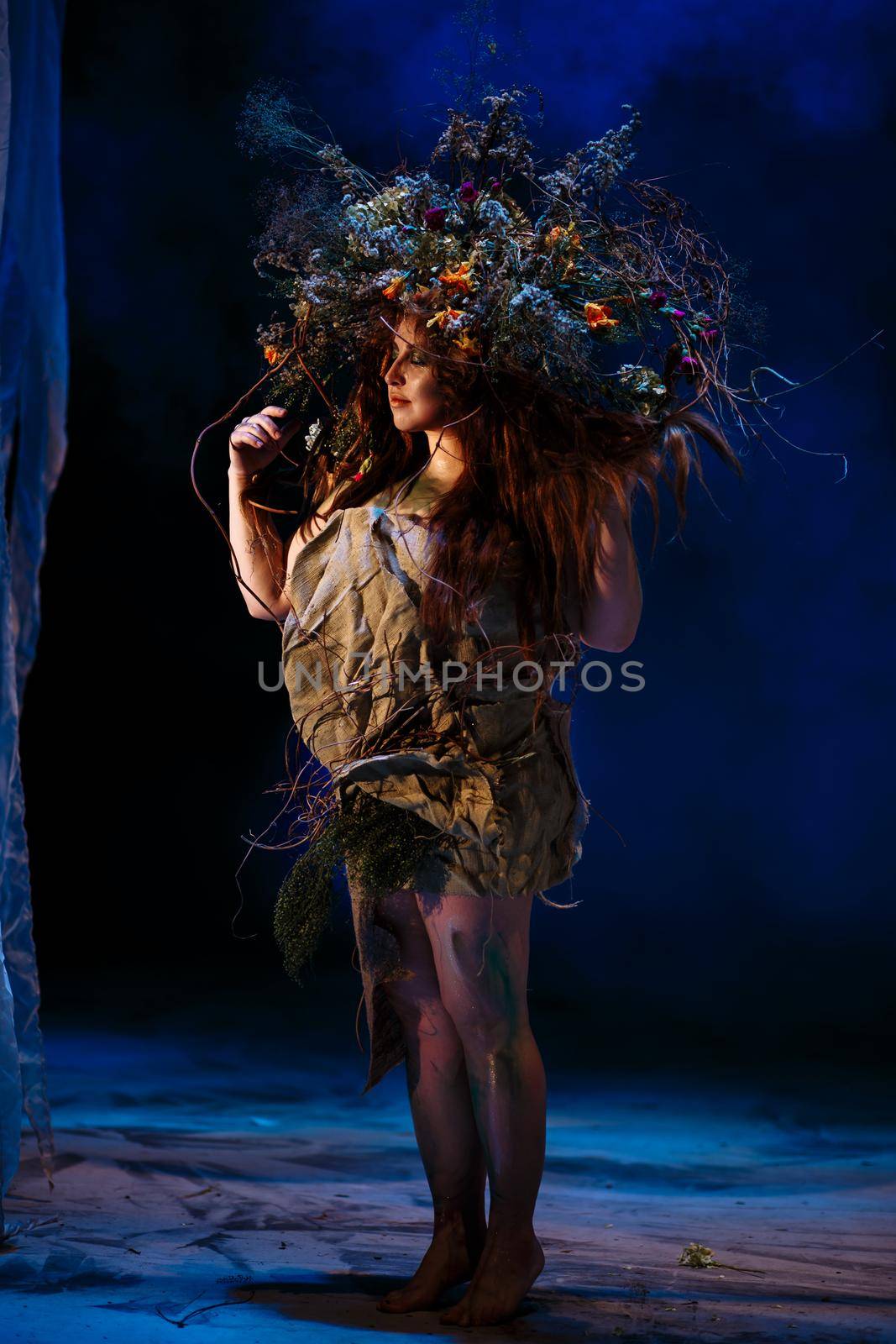 Dryad, Muse from the forest, standing in blue light and smoke by deandy