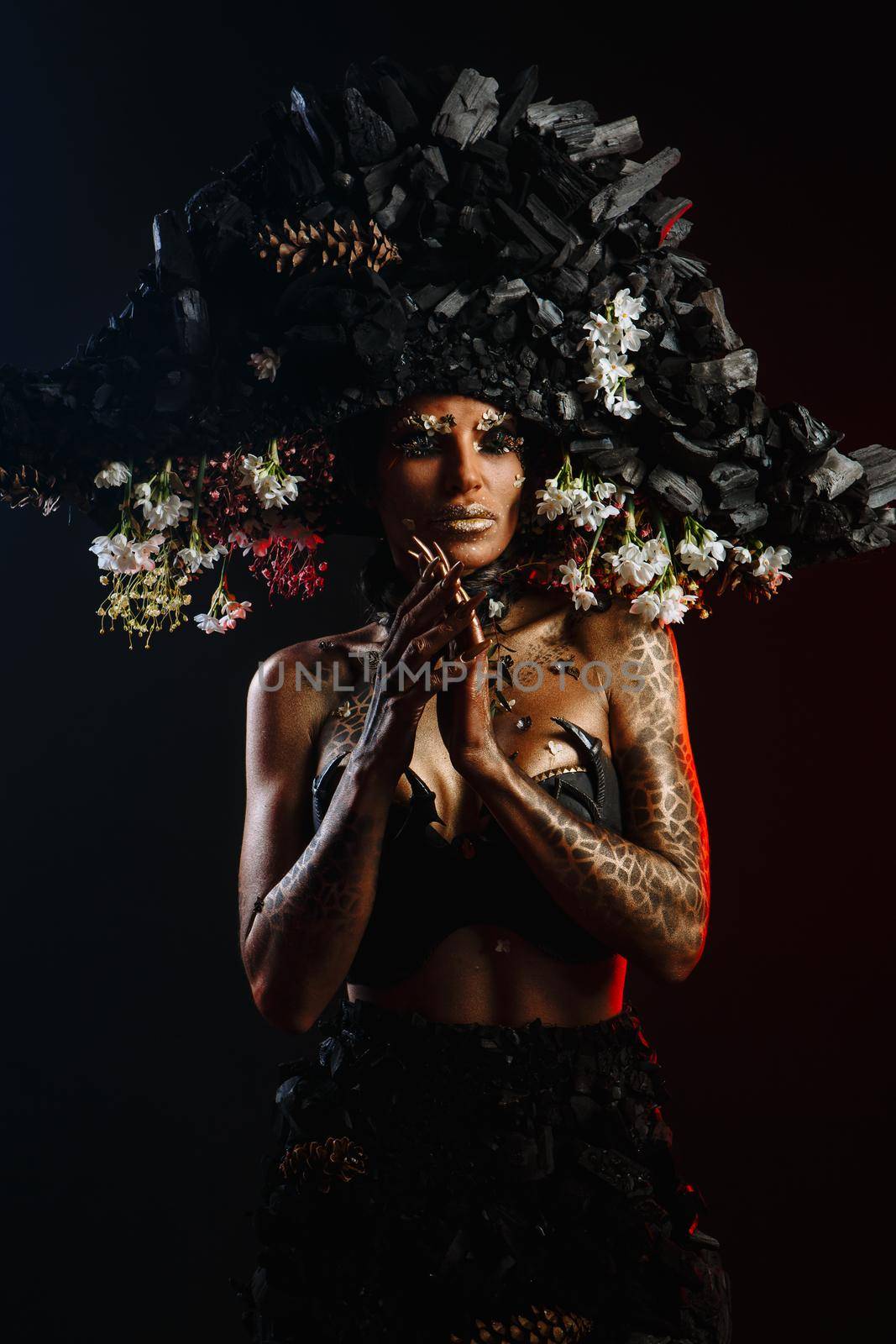 Portrait of a model in a headdress and dress made of coal.