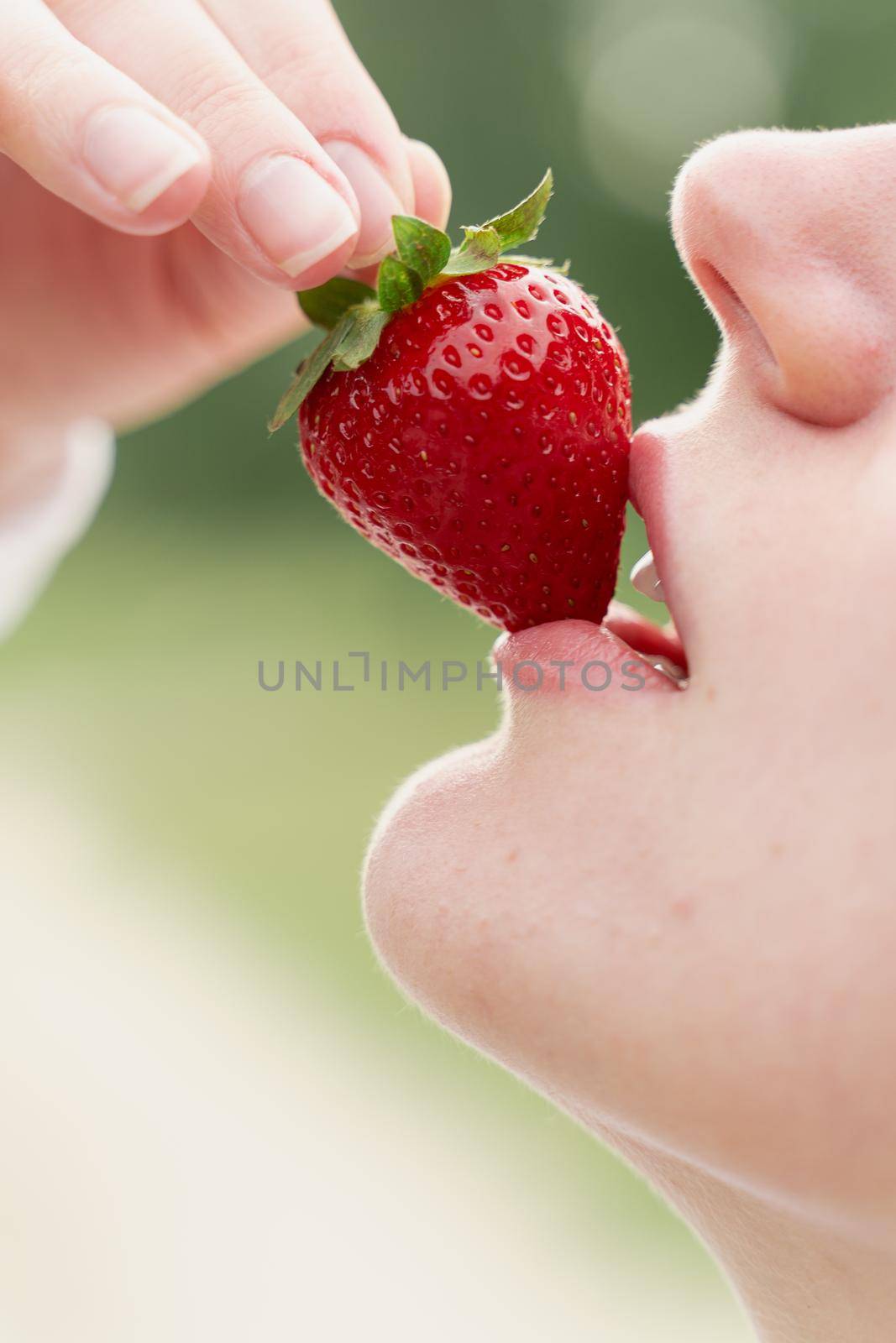 Woman enjoy strawberry close-up. Kisses and tastes strawberry. Seasonal berry by Rabizo