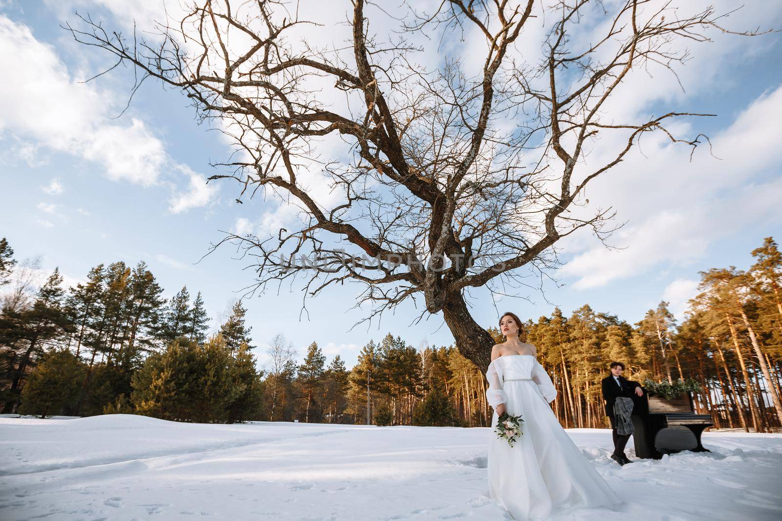 A girl in a wedding dress and a young man are standing next to the piano. Winter photography in the forest by deandy