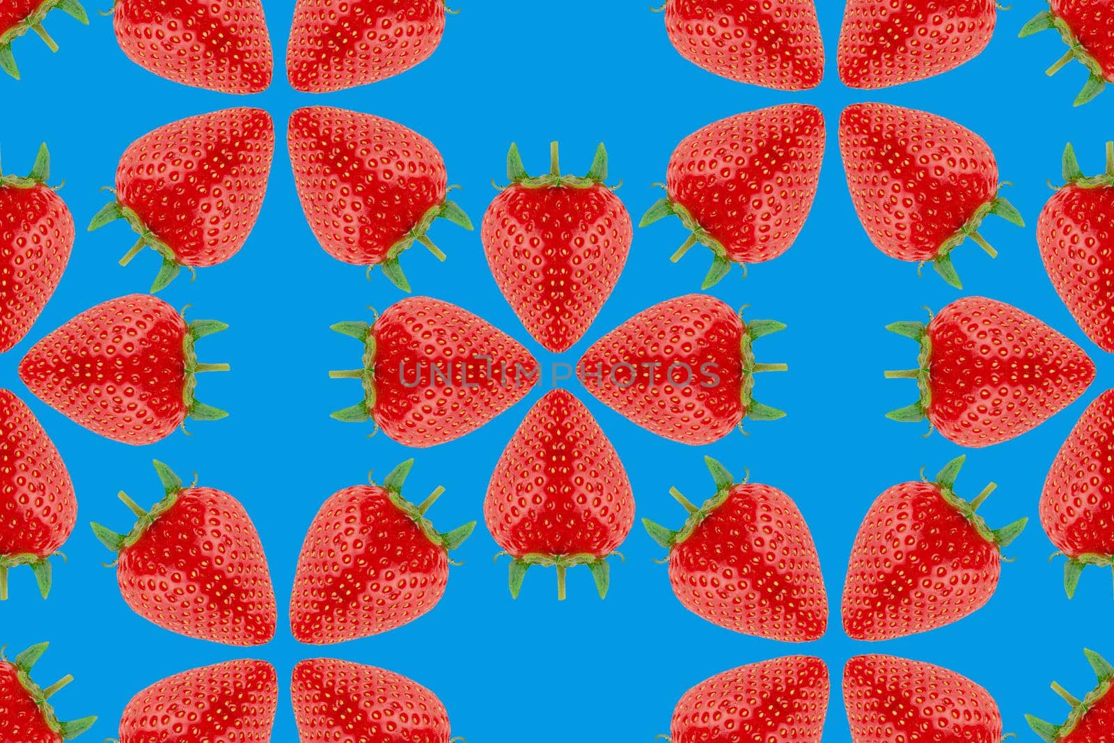 Strawberry pattern on blue background. Seasonal berry.