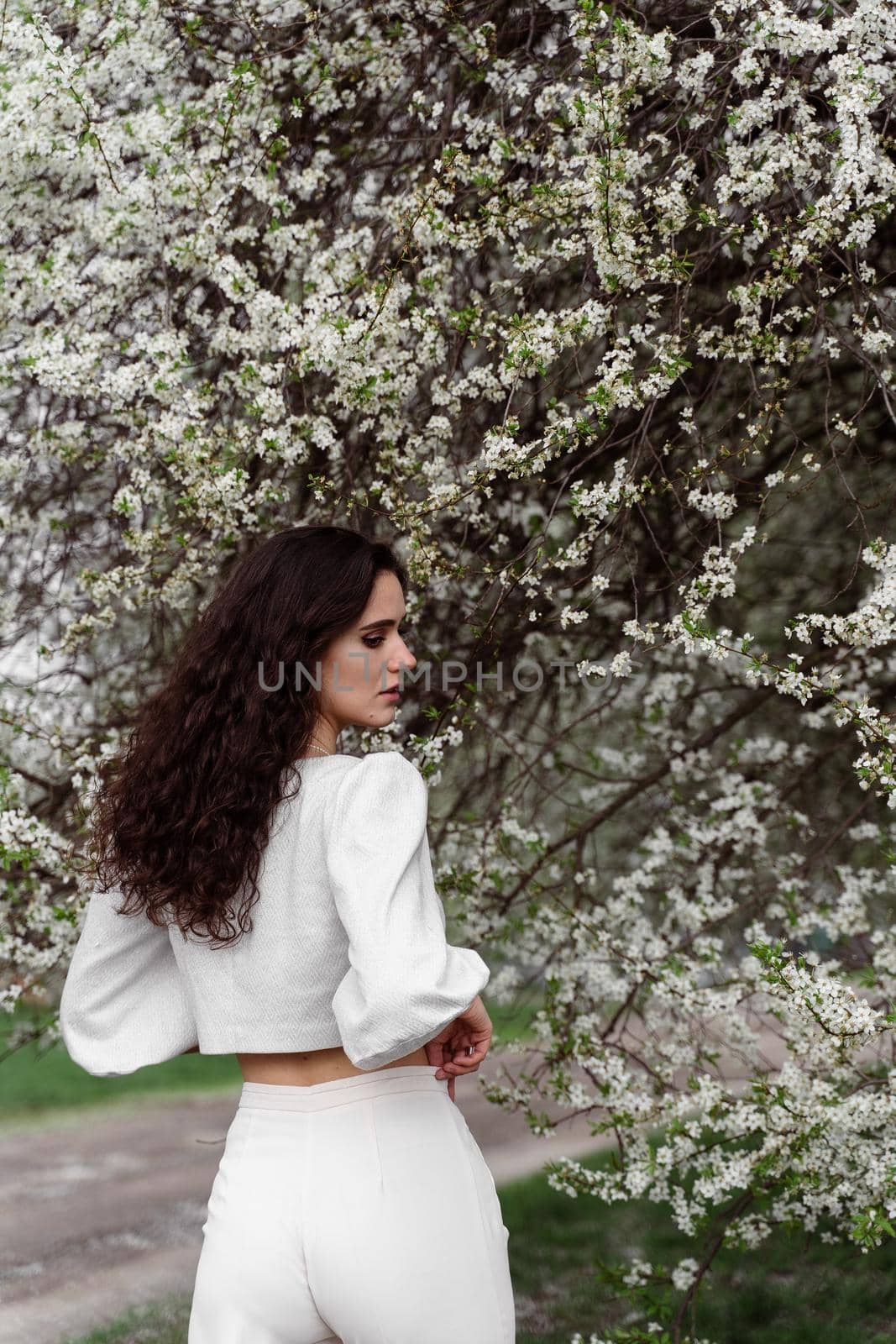 Portrait of young woman in the garden. Attractive girl weared white dress posing near blooming trees