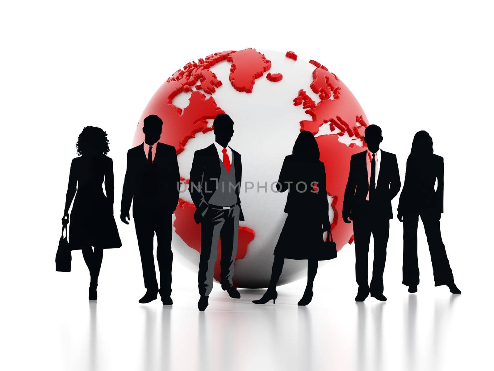 Business professionals standing in front of the globe. 3D illustration by Simsek