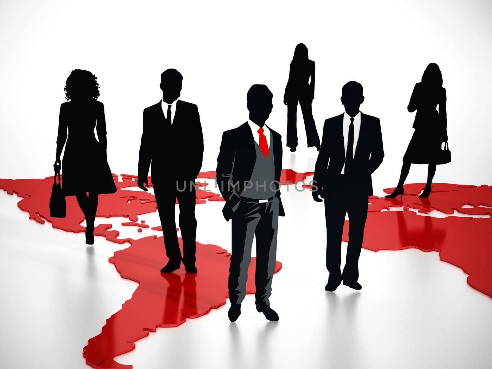 Business professionals standing on world map. 3D illustration by Simsek