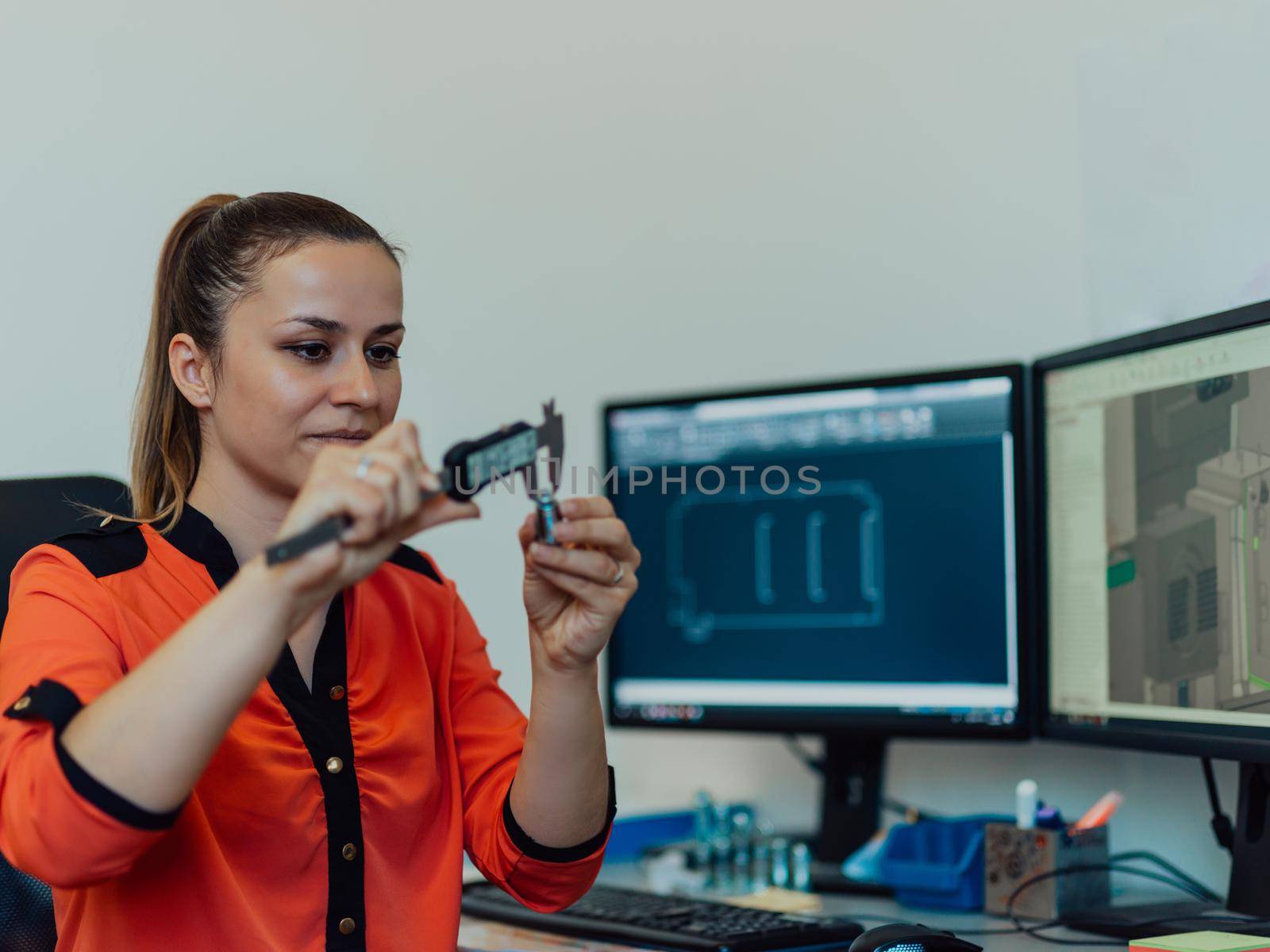 Within the heavy industry, a factory industrial engineer measures with a caliper and on a personal computer Designs a 3D model. High quality photo