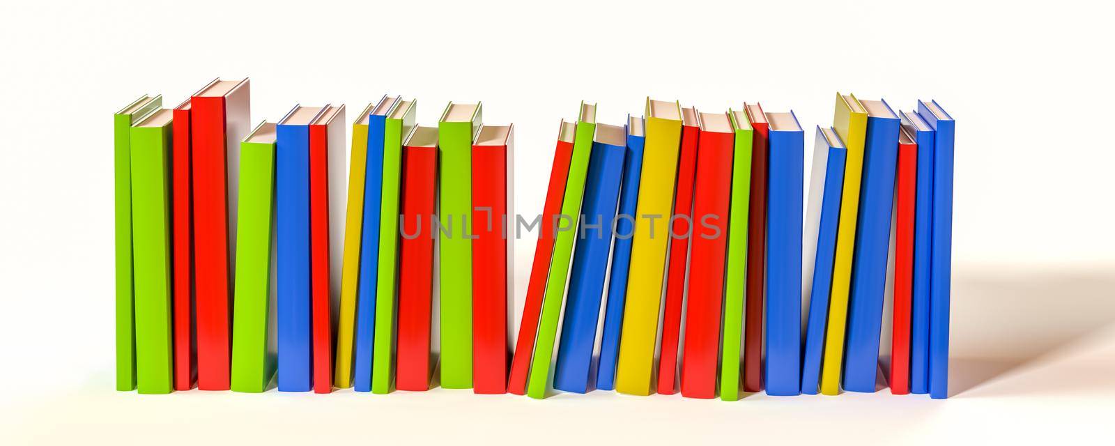 Colorful books are stacked in a row on a white background, 3D rendering illustration.