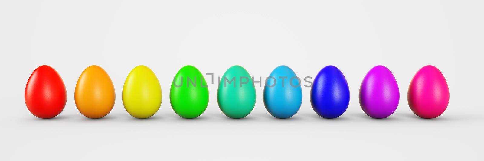 Set of Colorful Realistic Easter Eggs isolated on white background. Glossy Shiny Eggs. 3D rendering illustration.