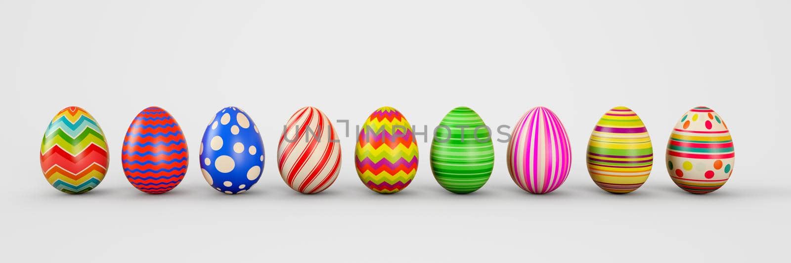 Easter eggs on a white background. Easter eggs. 3D rendering illustration.