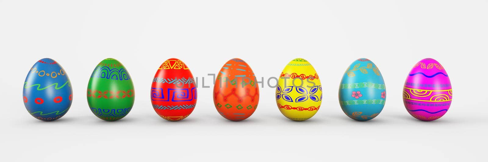 Set of realistic eggs on white background. Easter collection. 3D rendering illustration.