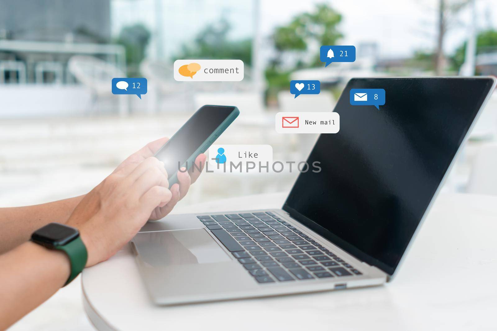 Play social media on your laptop with the communication icon. by Suwant