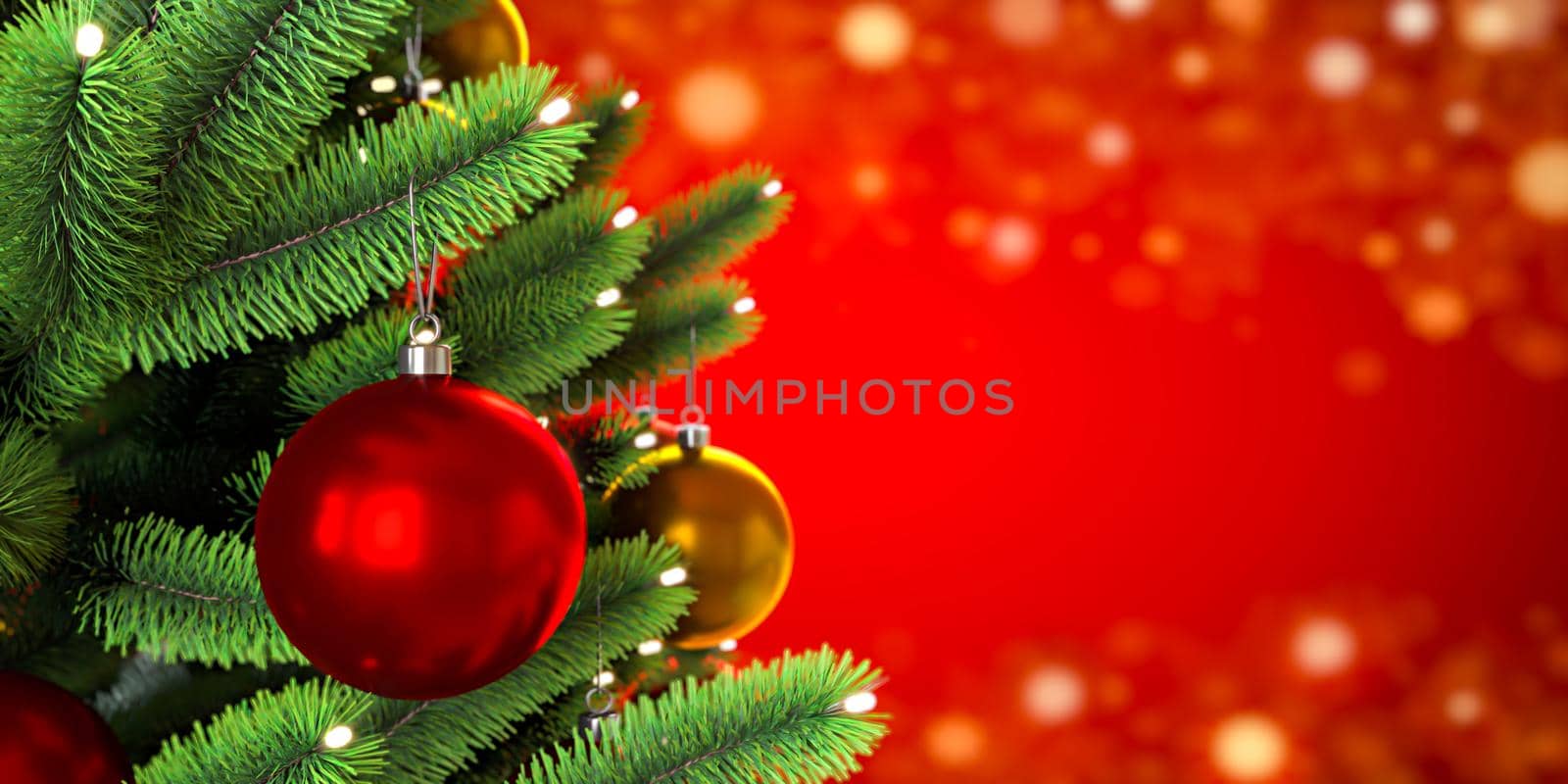 Close up of balls on christmas tree. Bokeh garlands in the red background. New Year concept.